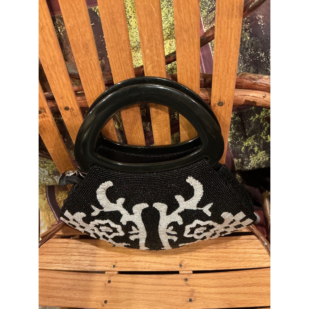 Swee Lo New York Black White Hand Beaded Handbag Resin O Ring Handle Evening Bag